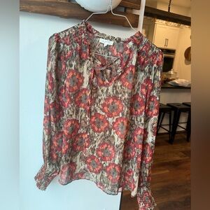 Mystree nwt small smocked floral leopard blouse puff sleeve semi sheer